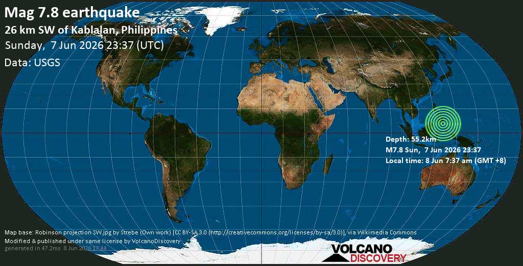 Major mag. 7.8 Earthquake - Celebes Sea, 48 km southwest of Malapatan, Philippines, on Monday, Jun 8, 2026, at 07:37 am (GMT +8)