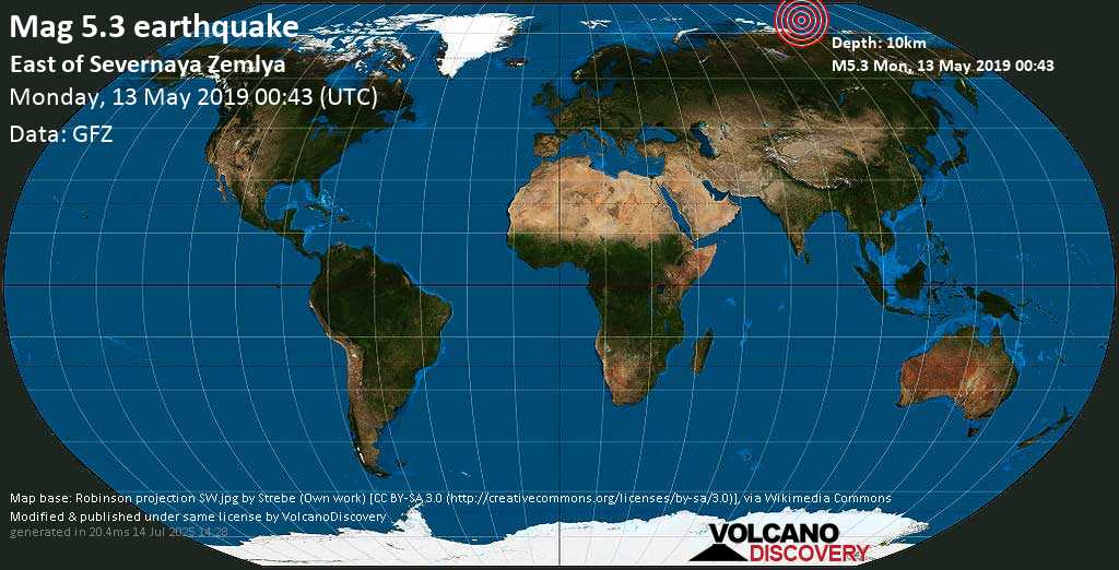 Light mag. 4.9 earthquake - East of Severnaya Zemlya (Russia) on Monday, 13 May 2019