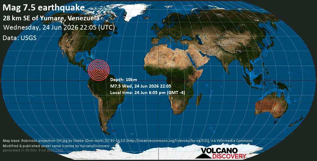 Terremoto mayor magnitud 7.5 - Yaracuy, 30 km al oeste de Morón, Carabobo, Venezuela, miércoles 24 jun 2026 a las 18:05 (Hora Caracas)