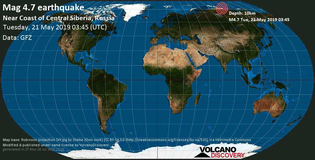 Light mag. 4.5 earthquake - Near Coast of Central Siberia, Russia on Tuesday, 21 May 2019