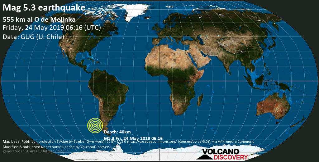 Moderate mag. 5.3 earthquake - 555 km al O de Melinka on Friday, 24 May 2019