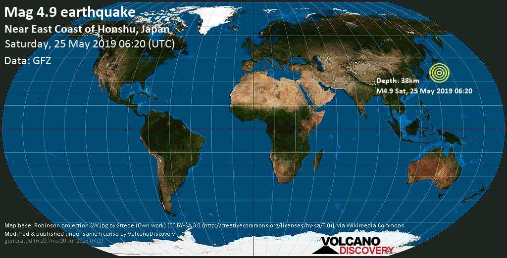 Moderate mag. 5.3 earthquake - Near East Coast of Honshu, Japan on Saturday, 25 May 2019