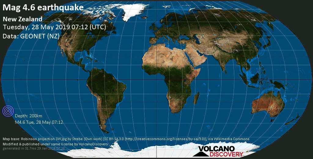 Light mag. 4.6 earthquake - South Pacific Ocean, New Zealand, on Tuesday, May 28, 2019 at 07:12 GMT