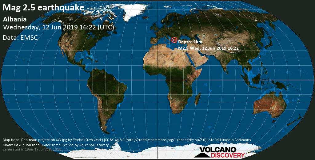 Minor mag. 2.5 earthquake - Albania on Wednesday, 12 June 2019