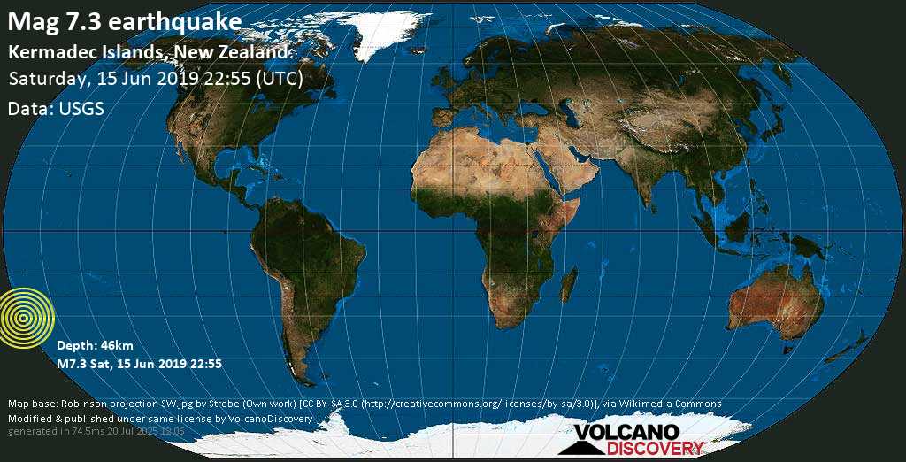 Major mag. 7.2 earthquake - 103km NE of L\'Esperance Rock, New Zealand on Saturday, 15 June 2019