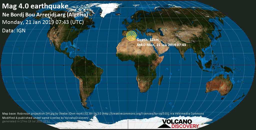 Light mag. 4.0 earthquake - 14 km west of Lafayette, Setif, Algeria, on Monday, 21 January 2019 at 07:43 (GMT)