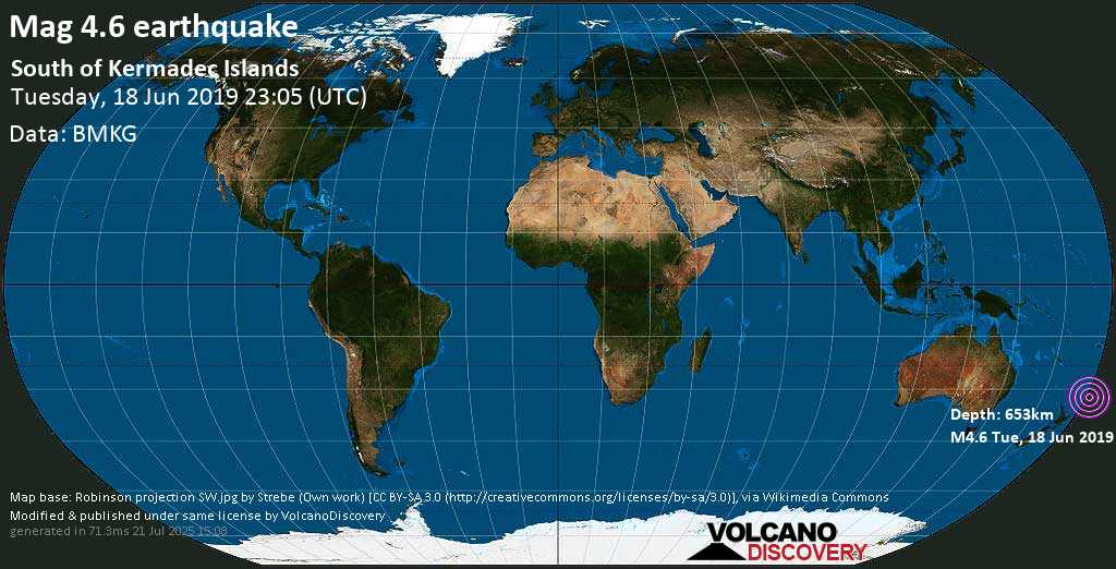 Light mag. 4.6 earthquake - South Pacific Ocean on Tuesday, 18 June 2019 at 23:05 (GMT)