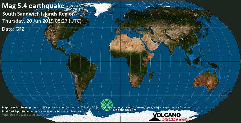 Moderate mag. 5.5 earthquake - South Atlantic Ocean, South Georgia & South Sandwich Islands, on Thursday, 20 June 2019 at 08:27 (GMT)
