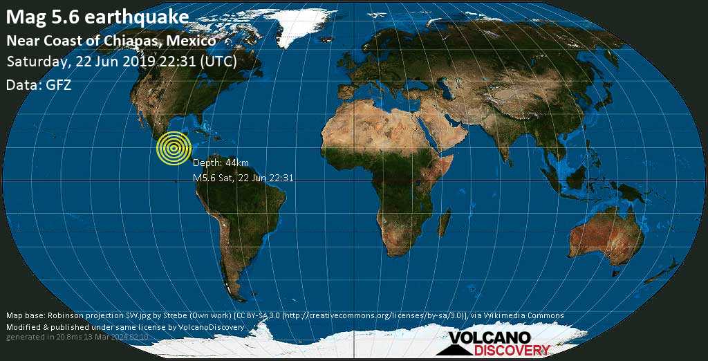 Strong mag. 5.6 earthquake - North Pacific Ocean, 35 km west of Brisas Barra de Suchiate, Chiapas, Mexico, on Saturday, June 22, 2019 at 22:31 GMT