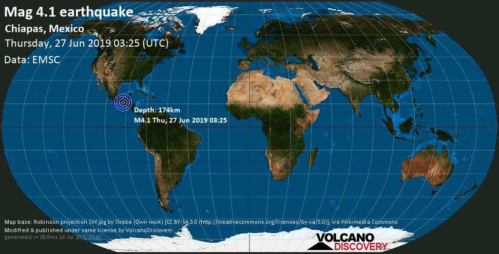 Mag. 4.1 earthquake - Chiapas, Mexico, on Thursday, 27 June 2019 at 03:25 (GMT)