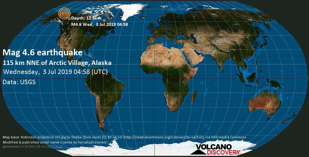 Light mag. 4.6 earthquake - 110km SSW of Kaktovik, Alaska (USA) on Wednesday, 3 July 2019