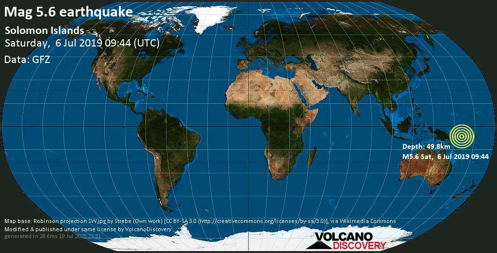 Moderate mag. 5.6 earthquake - Solomon Islands (Papua New Guinea) on Saturday, 6 July 2019