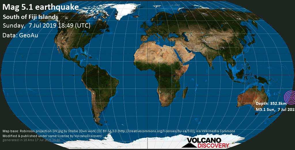 Moderate mag. 5.1 earthquake - South Pacific Ocean on Sunday, 7 July 2019 at 18:49 (GMT)