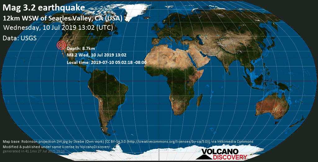 Minor mag. 3.2 earthquake - 12km WSW of Searles Valley, CA (USA) on Wednesday, 10 July 2019