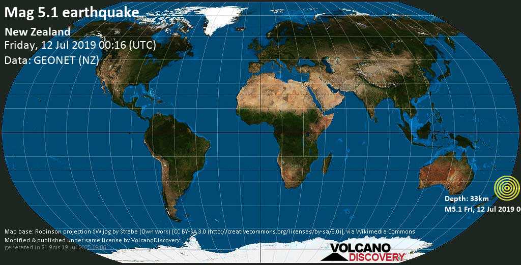 Moderate mag. 5.1 earthquake - New Zealand on Friday, 12 July 2019