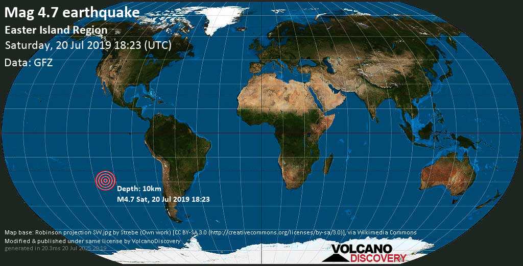 Mag. 4.8 earthquake - South Pacific Ocean, 317 km southwest of Hanga Roa, Provincia de Isla de Pascua, Region de Valparaiso, Chile, on Saturday, 20 July 2019 at 18:23 (GMT)