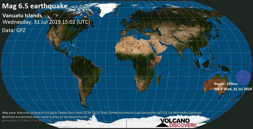 Strong mag. 6.6 earthquake - Vanuatu Islands on Wednesday, 31 July 2019 at 15:02 (GMT)