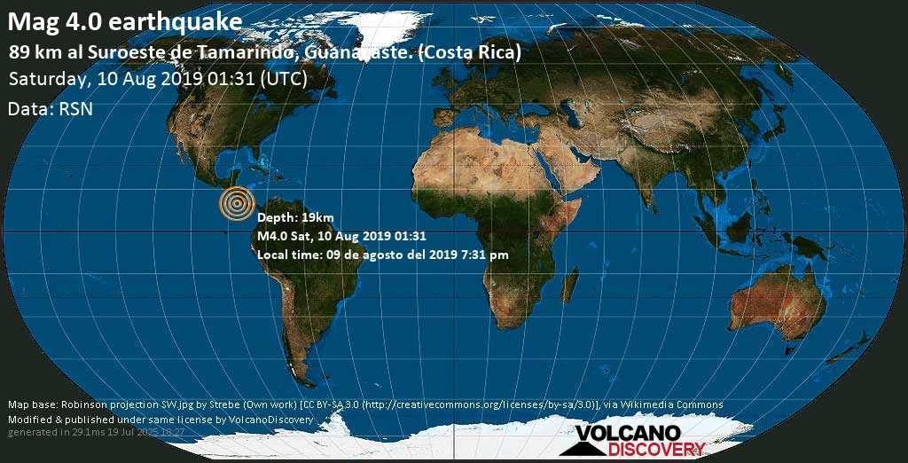 Leichtes Erdbeben der Stärke 4.0 - Nordpazifik, 103 km südwestlich von Santa Cruz, Costa Rica, am Samstag, 10. Aug 2019 um 01:31 GMT