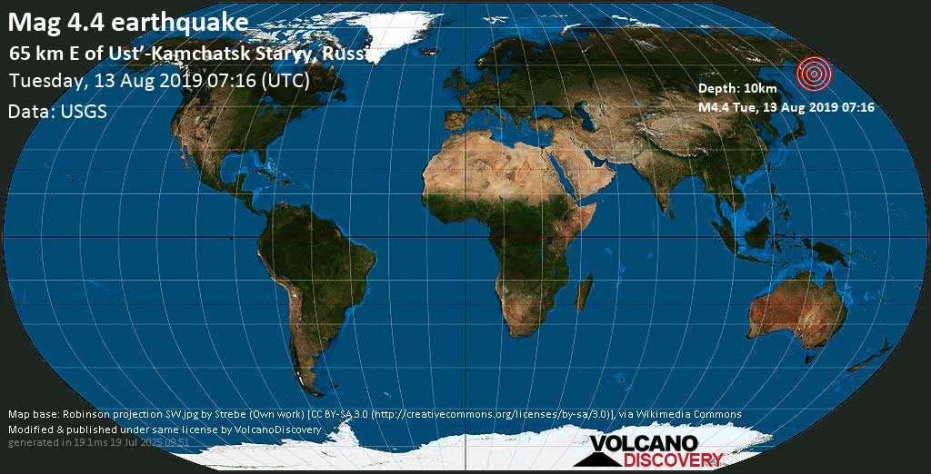 Light mag. 4.3 earthquake - 68km E of Ust\'-Kamchatsk Staryy, Russia on Tuesday, 13 August 2019
