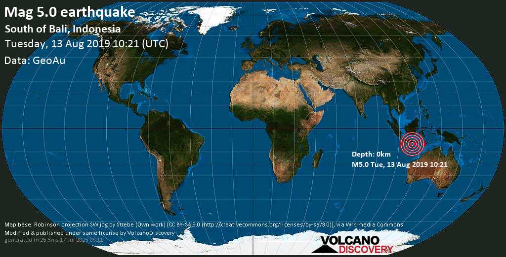 Moderado terremoto magnitud 5.0 - South of Bali, Indonesia martes, 13 ago. 2019