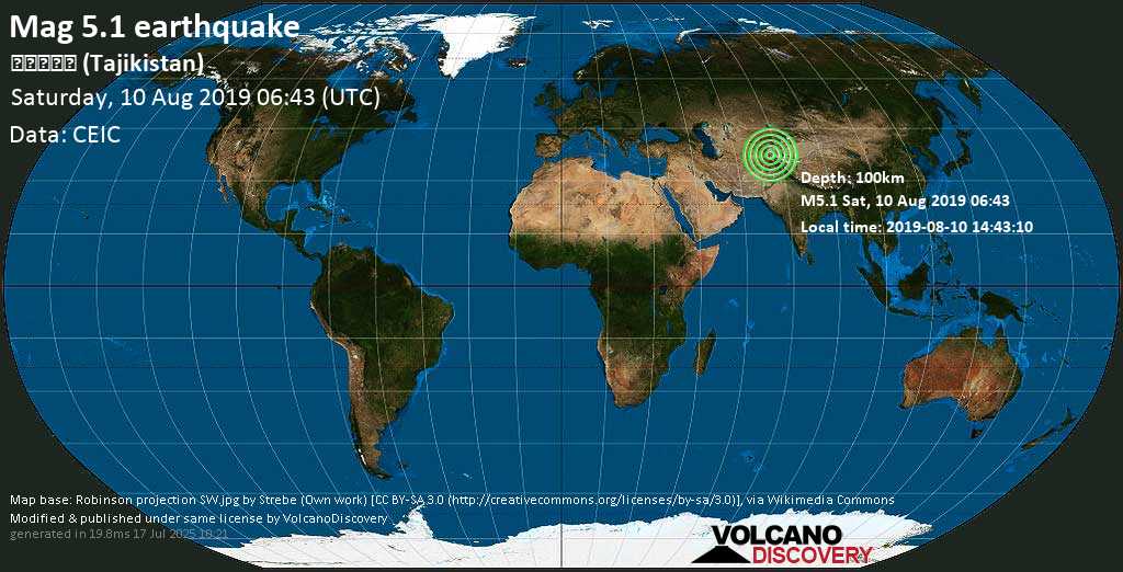 Moderate mag. 5.1 earthquake - 43 km south of Khorugh, Nohijai Şuƣnon, Gorno-Badakhshan, Tajikistan, on 2019-08-10 14:43:10