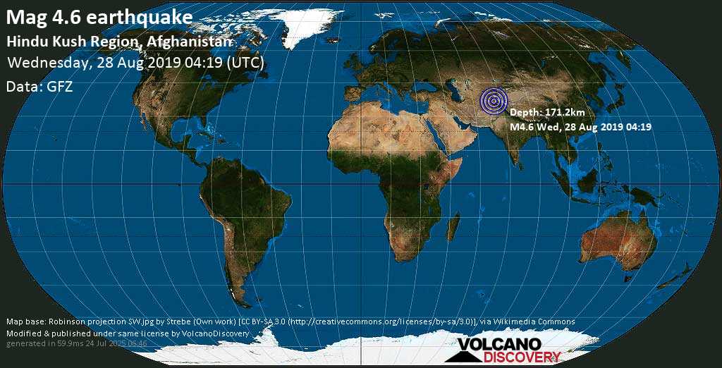 Light mag. 4.4 earthquake - Yamgān, 33 km south of Jurm, Badakhshan, Afghanistan, on Wednesday, 28 August 2019 at 04:19 (GMT)