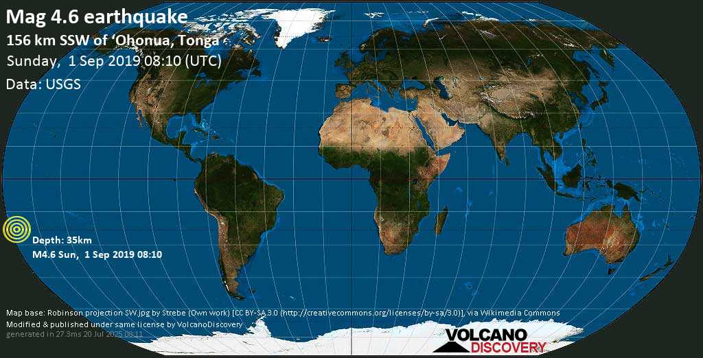 Moderate mag. 5.6 earthquake - New Zealand (Tonga) on Sunday, 1 September 2019