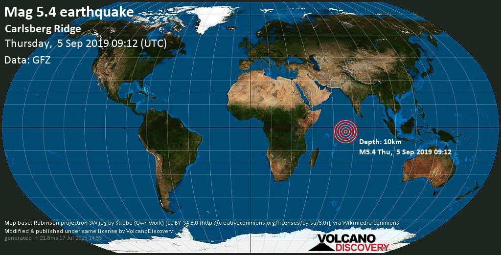 Moderate mag. 5.2 earthquake - Carlsberg Ridge on Thursday, 5 September 2019