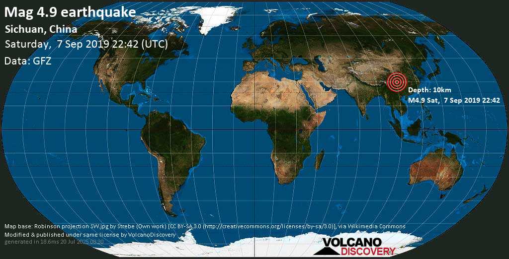 Light mag. 4.6 earthquake - Sichuan, China on Saturday, 7 September 2019