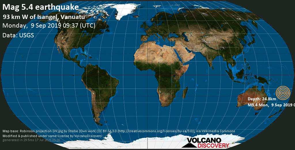 Strong mag. 5.2 earthquake - Coral Sea, 90 km west of Isangel, Tafea Province, Vanuatu, on 2019-09-09 20:37:58 +11:00