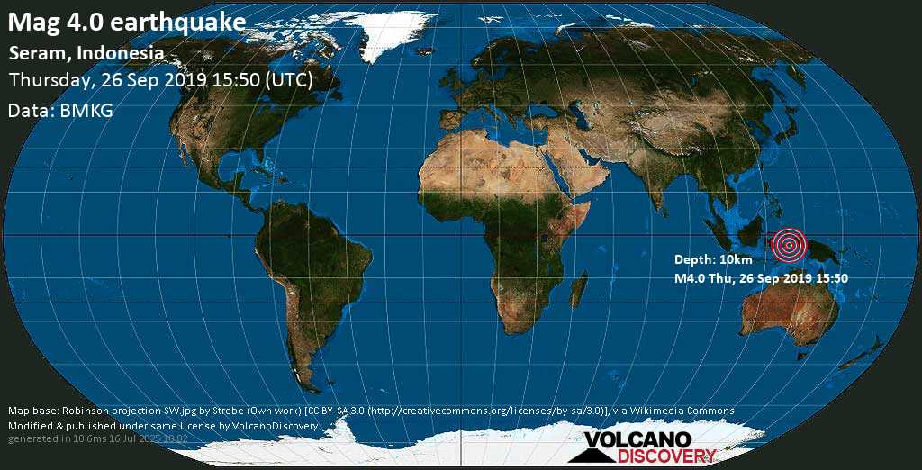 Terremoto moderato mag. 4.0 - Banda Sea, 30 km a est da Ambon City, Maluku, Indonesia, giovedì, 26 settembre 2019