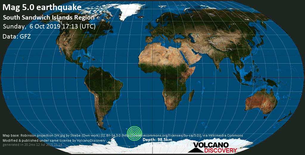 Moderate mag. 5.2 earthquake - South Atlantic Ocean, South Georgia & South Sandwich Islands, on Sunday, 6 October 2019 at 17:13 (GMT)