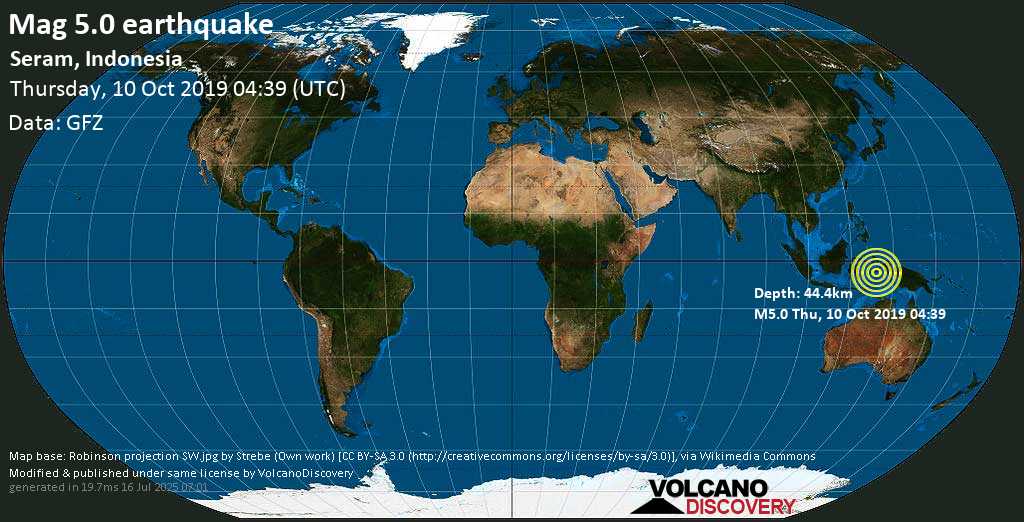 Mag. 4.9 earthquake - Banda Sea, 15 km east of Ambon City, Maluku, Indonesia, on Thursday, 10 October 2019 at 04:39 (GMT)