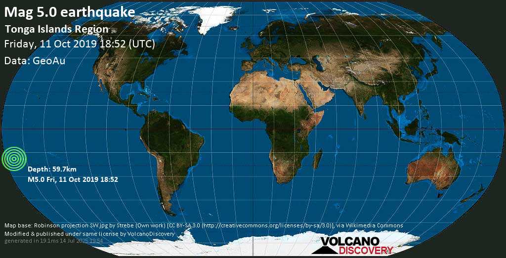 Moderate mag. 5.0 earthquake - Tonga Islands Region on Friday, 11 October 2019 at 18:52 (GMT)
