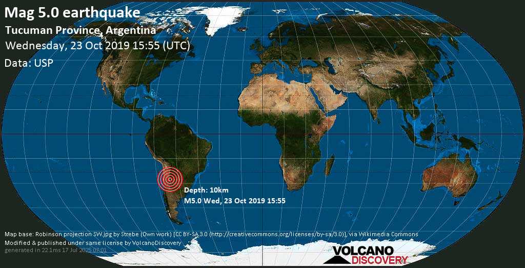 Terremoto forte mag. 5.0 - 5.6 km a ovest da Aguilares, Departamento de Rio Chico, Tucuman, Argentina, mercoledí, 23 ottobre 2019