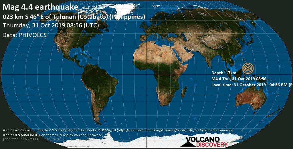Mag. 4.4 earthquake - Province of South Cotabato, 5 km east of Columbio, Province of Sultan Kudarat, Soccsksargen, Philippines, on 31 October 2019 - 04:56 PM (PST)