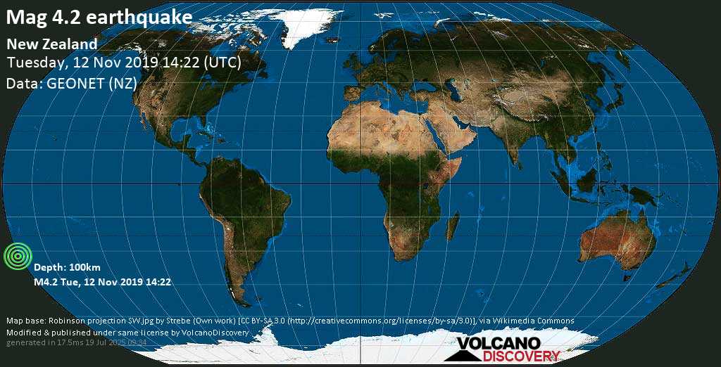 Terremoto leve mag. 4.2 - South Pacific Ocean, New Zealand, martes, 12 nov. 2019 14:22