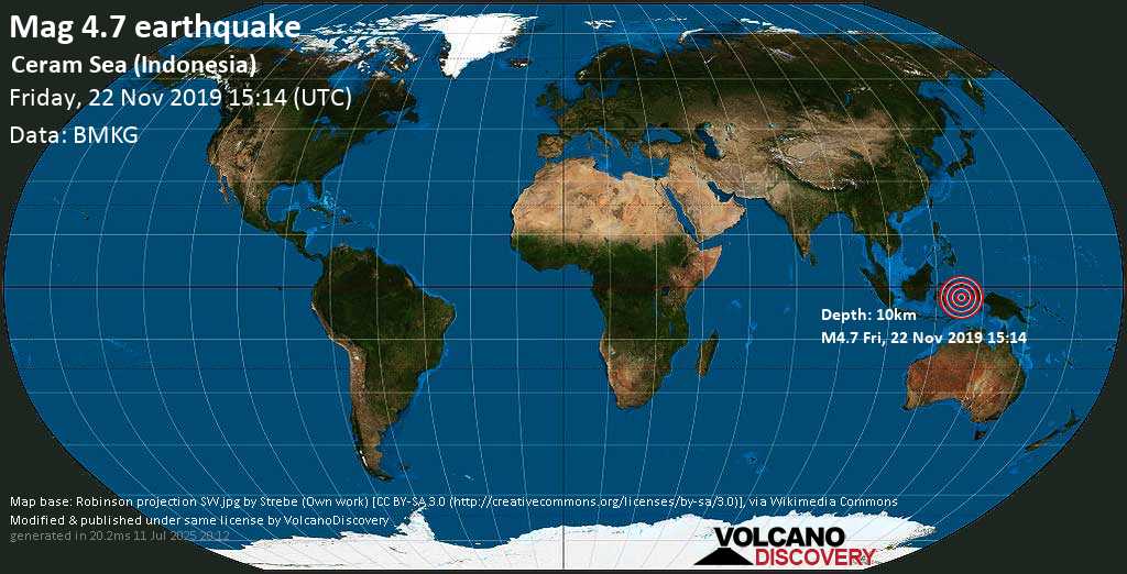 Mag. 4.7 earthquake - Ceram Sea, 131 km northwest of Ambon City, Maluku, Indonesia, on Friday, 22 November 2019 at 15:14 (GMT)