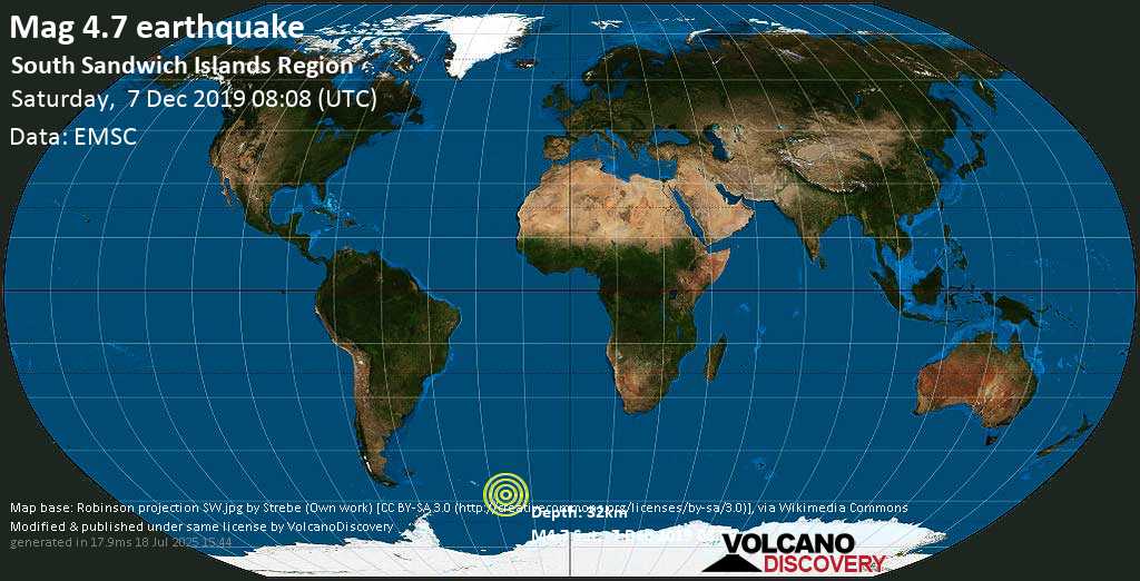 Moderate mag. 4.7 earthquake - South Sandwich Islands Region on Saturday, 7 December 2019 at 08:08 (GMT)