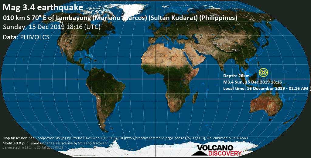 Minor mag. 3.4 earthquake - 010 Km S 70° E of Lambayong (Mariano Marcos) (Sultan Kudarat) (Philippines) on Sunday, 15 December 2019
