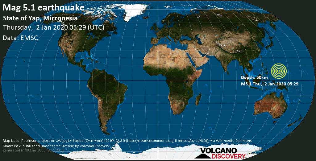 Moderate mag. 5.1 earthquake - Philippines Sea, 8.2 km southwest of Colonia, Micronesia, on Thursday, 2 January 2020 at 05:29 (GMT)
