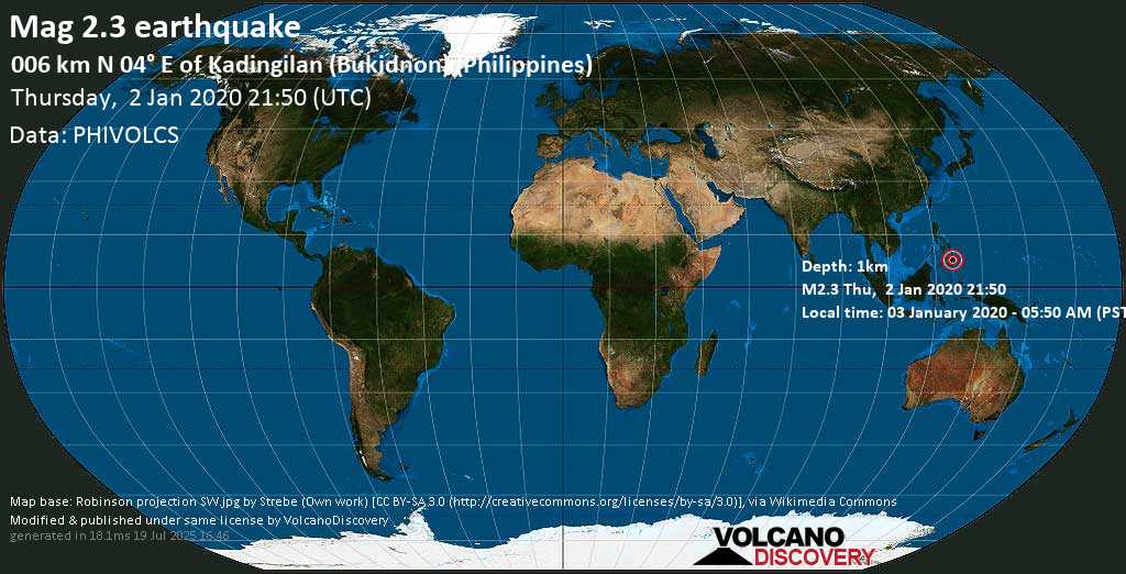 Minor mag. 2.3 earthquake - 006 km N 04° E of Kadingilan (Bukidnon) (Philippines) on Thursday, 2 January 2020