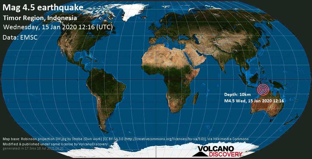 Moderate mag. 4.5 earthquake - 61 km southeast of Kupang, Nusa Tenggara Timur, Indonesia, on Wednesday, 15 January 2020 at 12:16 (GMT)