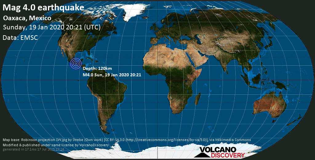 Mag. 4.0 earthquake - Oaxaca, 135 km west of Tuxtla (Chiapas), Mexico, on Sunday, 19 January 2020 at 20:21 (GMT)