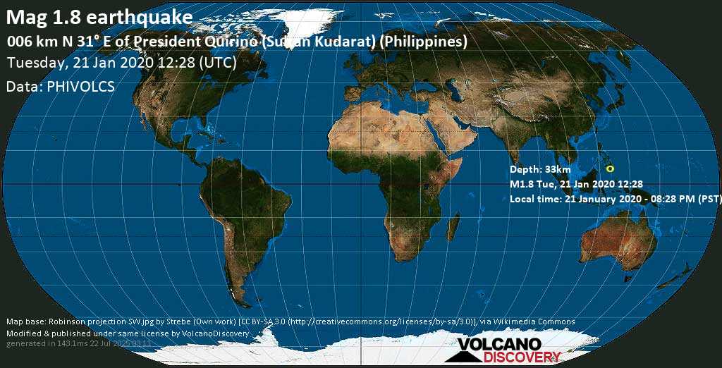 Minor mag. 1.8 earthquake - 006 km N 31° E of President Quirino (Sultan Kudarat) (Philippines) on Tuesday, 21 January 2020