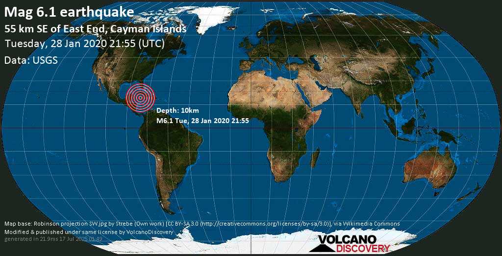 Very strong mag. 6.1 earthquake - Caribbean Sea, 79 km southeast of Georgetown, George Town, Cayman Islands, on 2020-01-28 16:55:16 -05:00