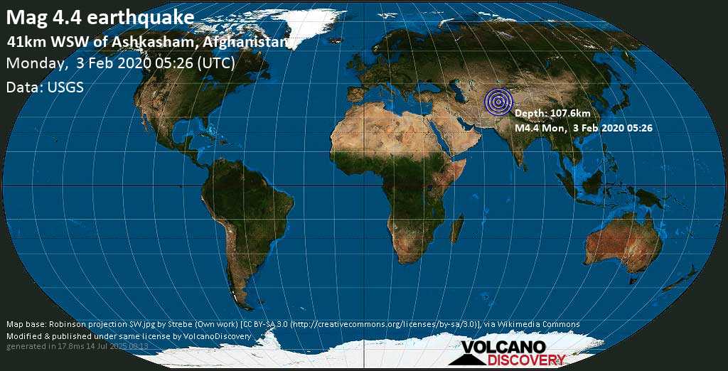 Mag. 4.4 earthquake - 283 km northeast of Kabul, Afghanistan, on 2020-02-03 09:56:29 +04:30