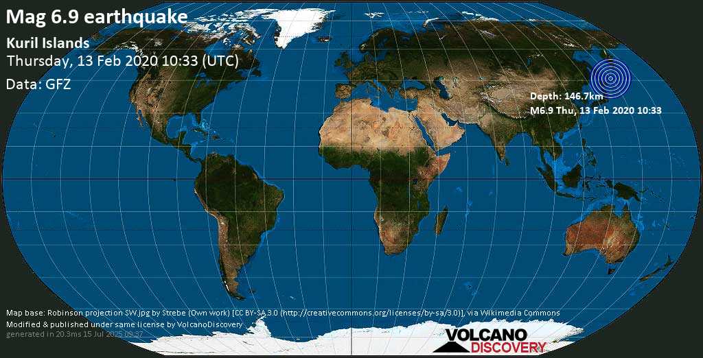 Fuerte terremoto magnitud 6.9 - Sea of Okhotsk, 29 km NE of Ostrov Shlem Island, Sakhalin Oblast, Russia, jueves, 13 feb. 2020