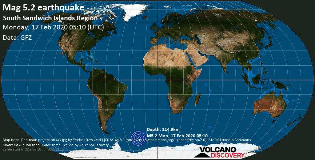 Strong mag. 5.5 earthquake - South Atlantic Ocean, South Georgia & South Sandwich Islands, on Monday, 17 February 2020 at 05:10 (GMT)