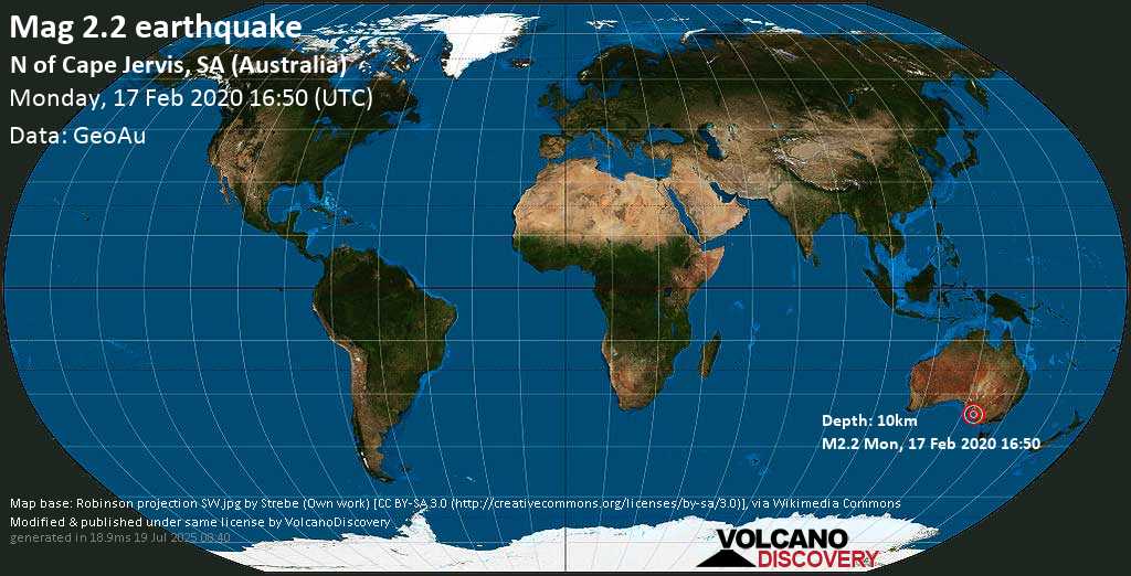 Sismo debile mag. 2.2 - Indian Ocean, 4.1 km a nord da Cape Jervis, Yankalilla, South Australia, lunedí, 17 febbraio 2020